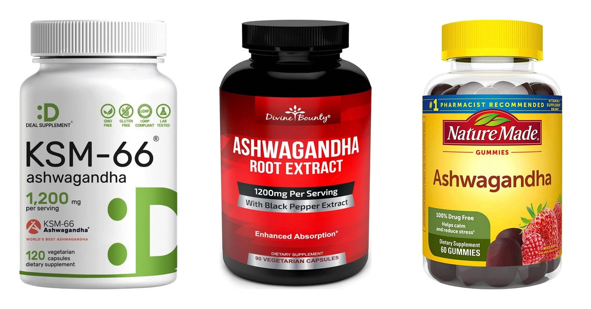 Three ashwagandha products from our shelf: Deal Supplement KSM-66 Ashwagandha 1200 mg capsules, Divine Bounty Ashwagandha Root Extract capsules, Nature Made KSM-66 Ashwagandha gummies