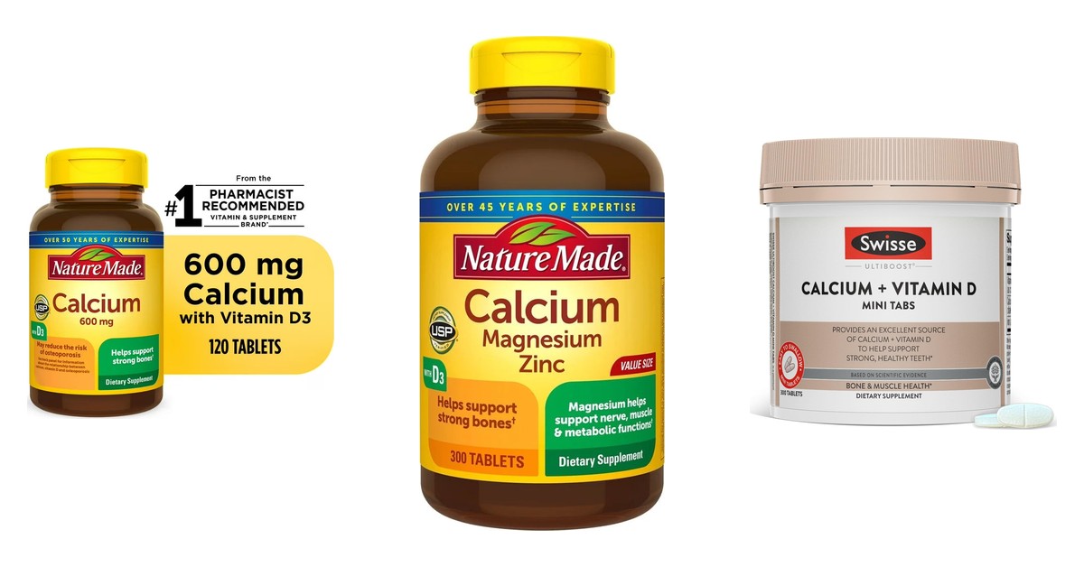 Three calcium products from our shelf: Nature Made Calcium 600 mg with Vitamin D3 tablets, Nature Made Calcium Magnesium Zinc tablets, Swisse Calcium + Vitamin D mini tabs