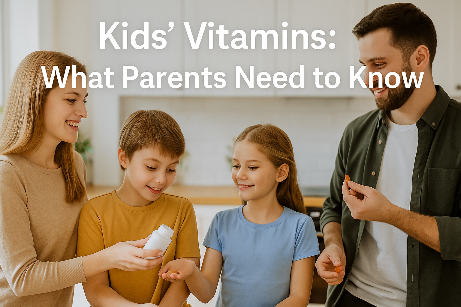 A smiling family giving vitamins to their children in a bright, modern kitchen, with the text "Kids’ Vitamins: What Parents Need to Know" above.