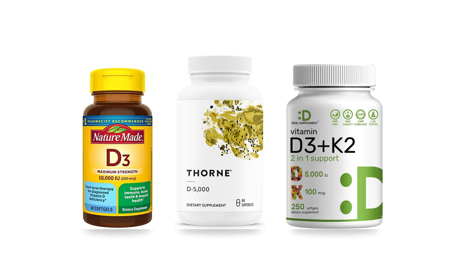 Three vitamin D3 supplement bottles: Nature Made 10000 IU, Thorne D-5000 and Deal Supplement D3 plus K2