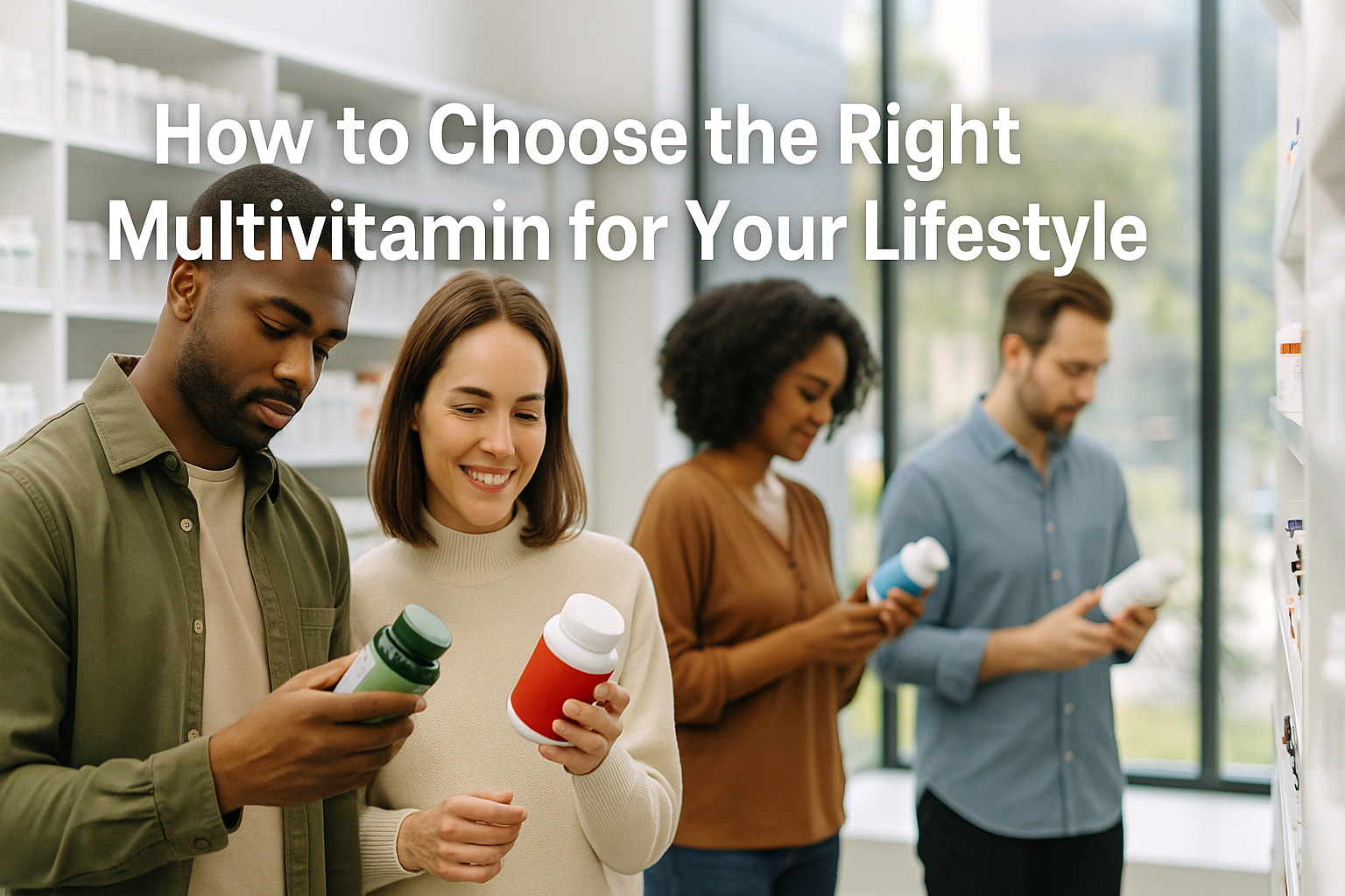 Diverse group of people selecting multivitamins for different lifestyles in a modern health store.