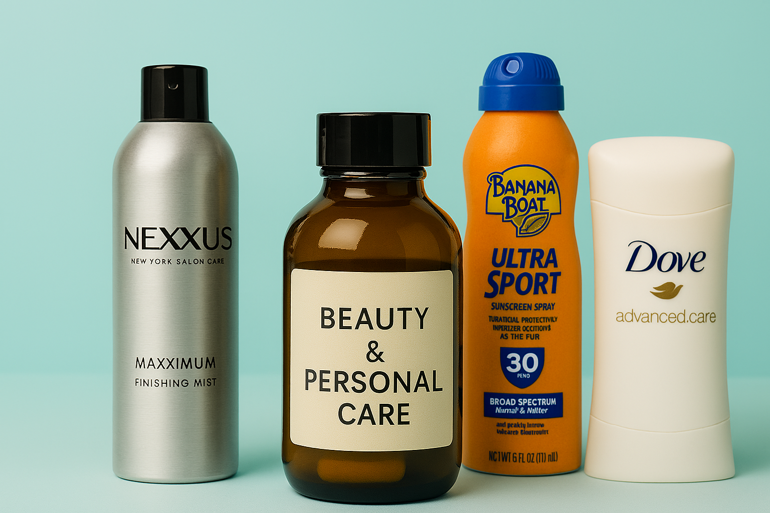Beauty and personal care products including skincare, haircare, sun care, and hygiene essentials