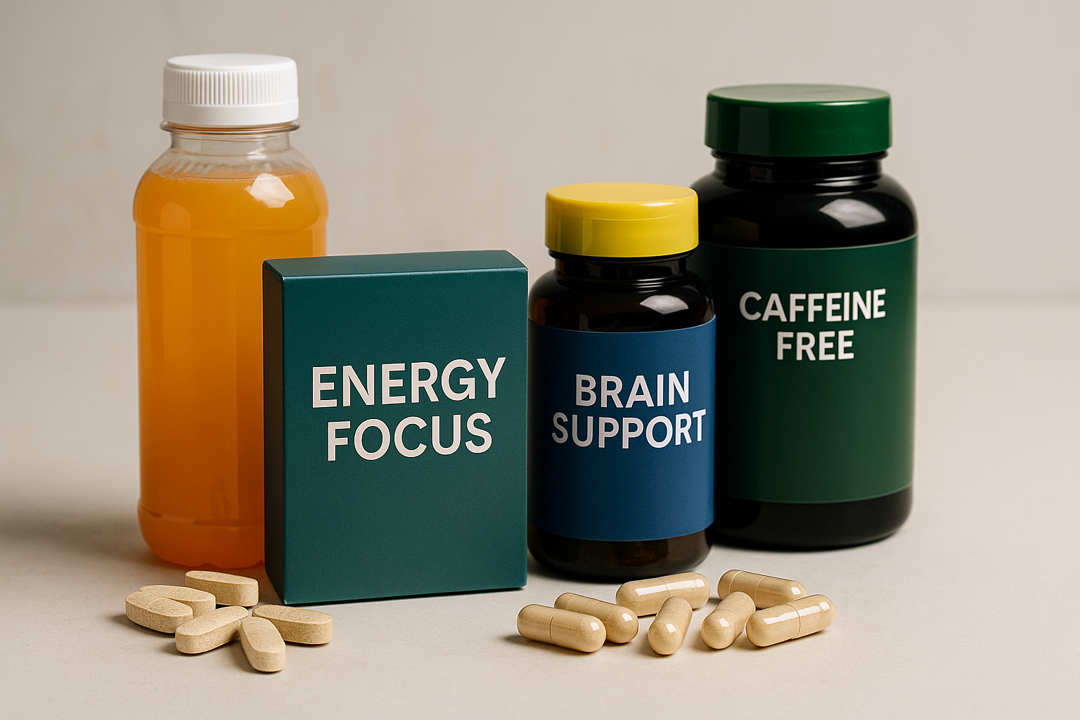 energy focus supplements including capsules, bottles, and drinks