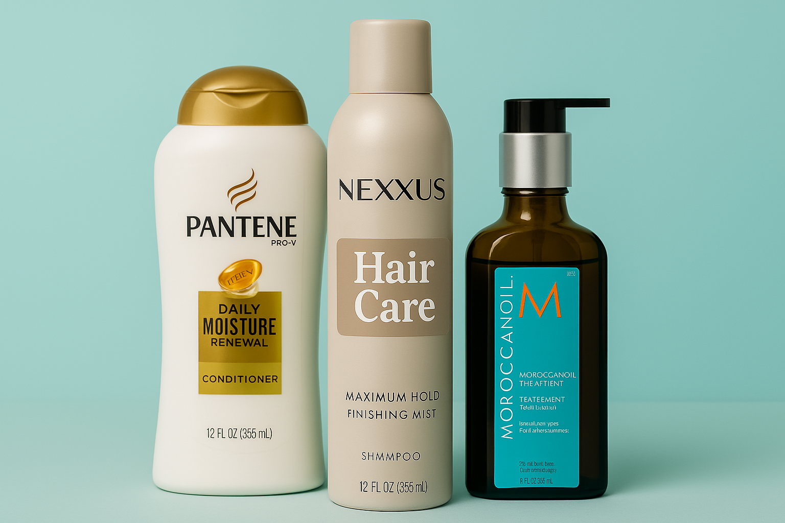Hair care essentials including shampoo, conditioner, and hair spray products for healthy, shiny hair