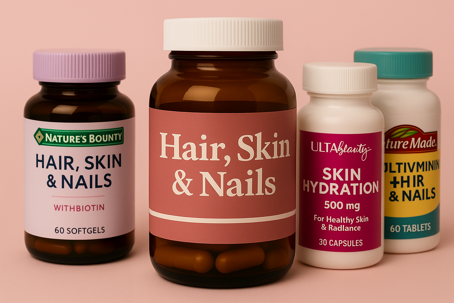 Hair, skin, and nails supplements including biotin and collagen for beauty and wellness