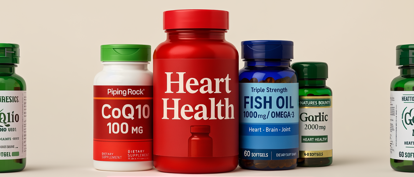 Heart health supplements category with omega-3, CoQ10, and cardiovascular support formulas