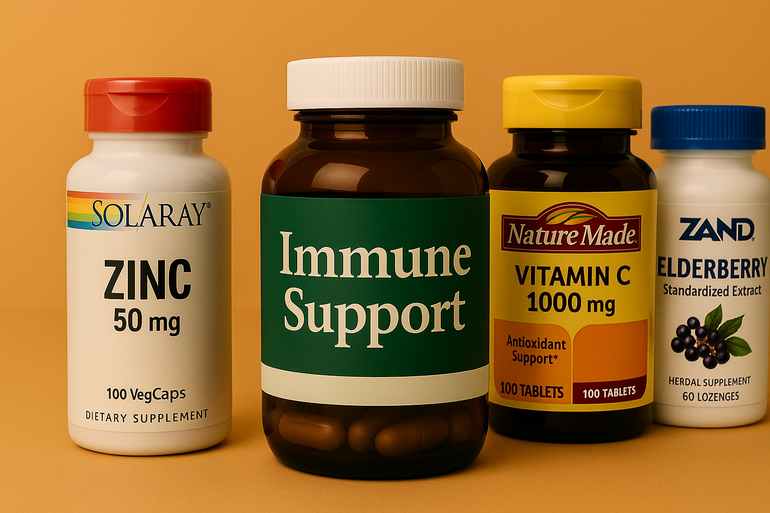 Bottles and capsules of immune support supplements on a yellow background