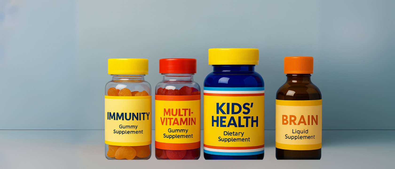 Colorful children’s kids health supplements labeled with growth, immunity, and brain support
