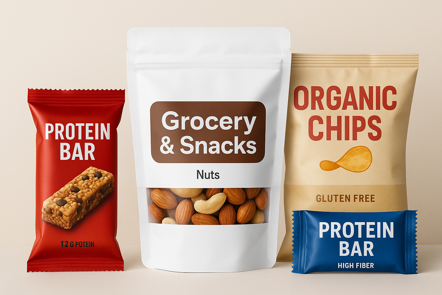 Assorted healthy snack products including chips, protein bars, and nuts. 'Grocery & Snacks' text appears on one product label.