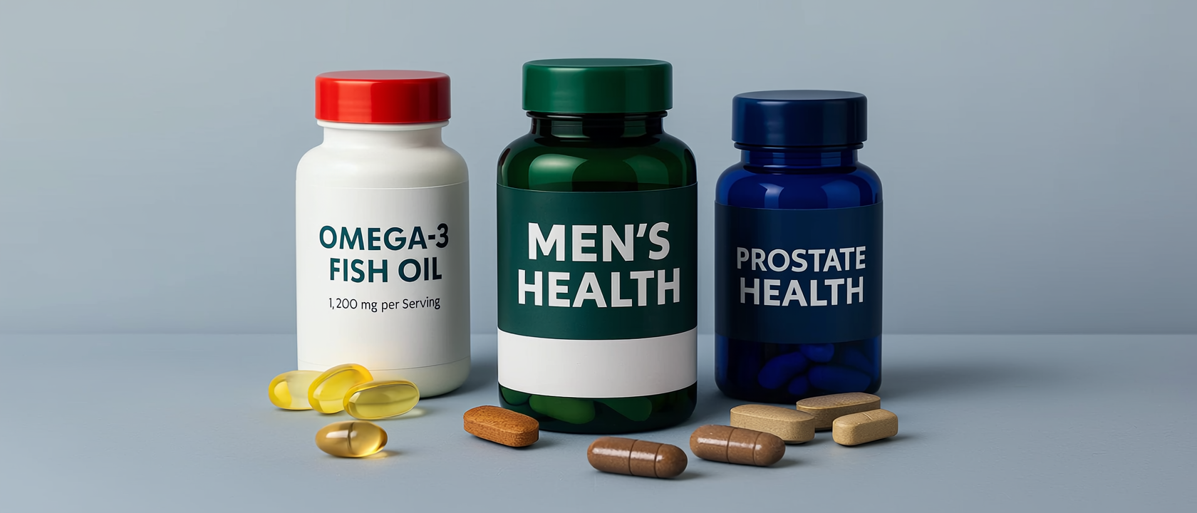 A high-resolution image showing assorted men’s health supplements including energy, testosterone, and prostate support formulas