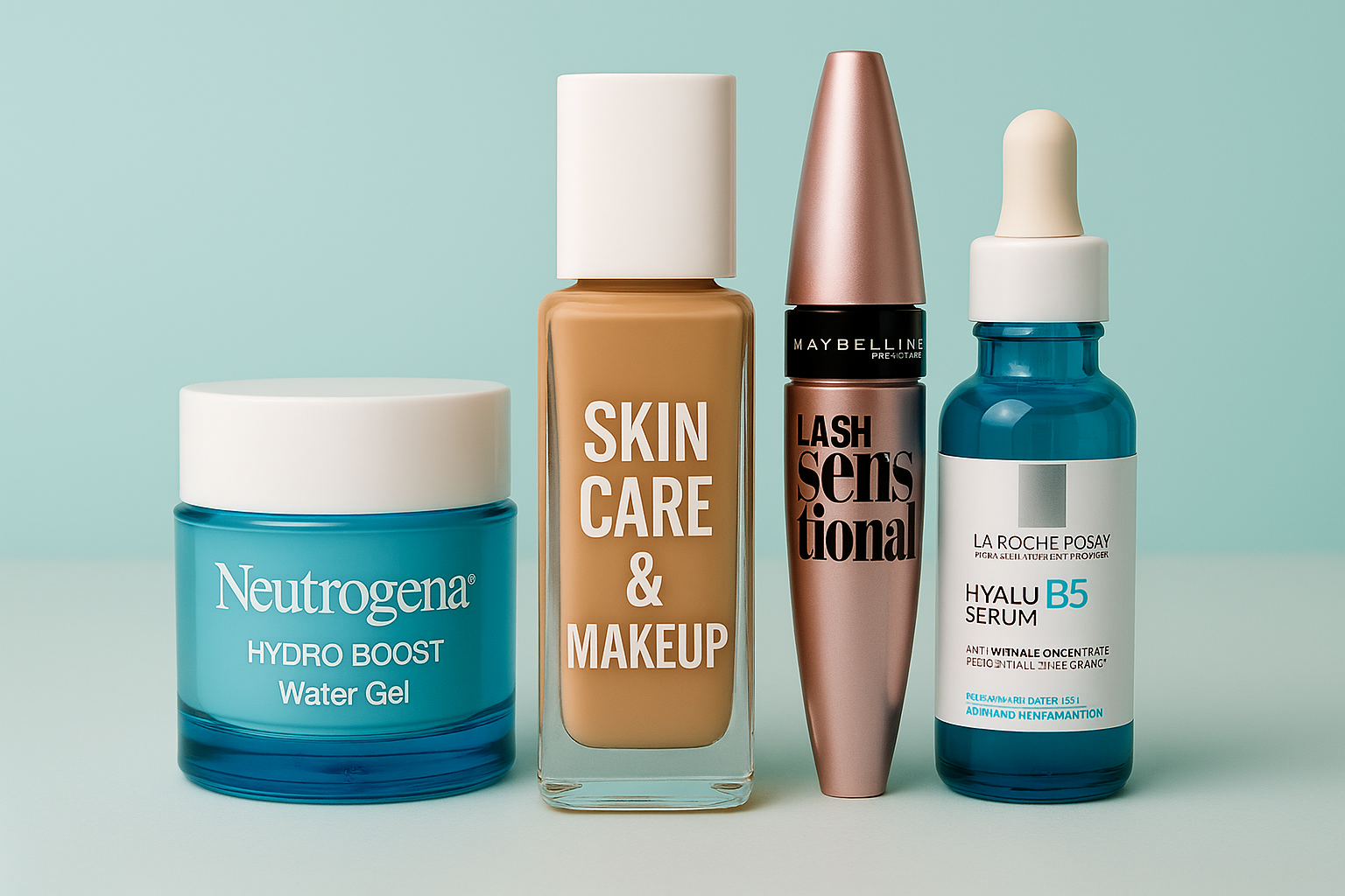Skincare and makeup products including moisturizer, serum, and foundation for radiant, healthy skin