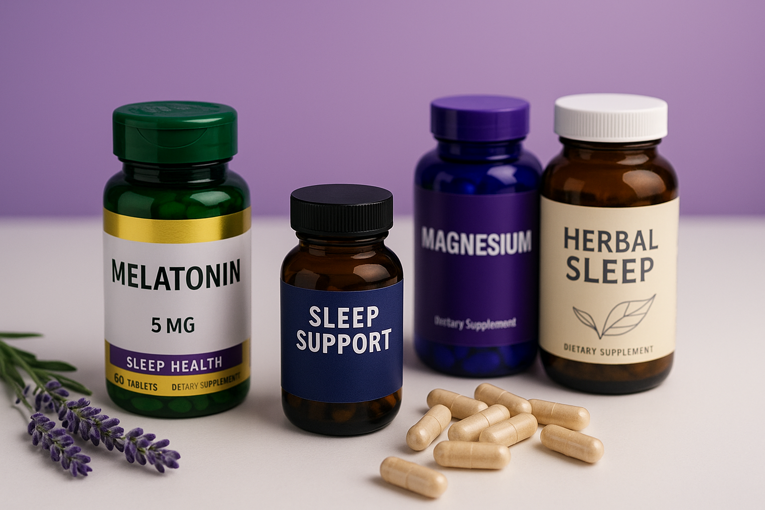 Assorted sleep support supplements including melatonin and herbal blends with soft purple lighting