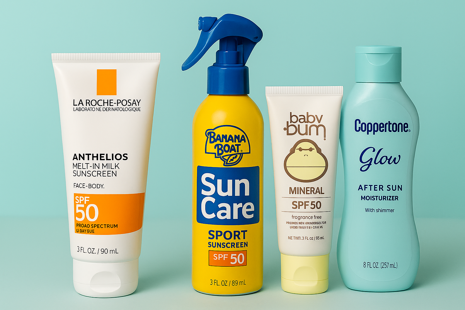 Sun care products including broad spectrum sunscreen sprays and lotions for face and body skin protection