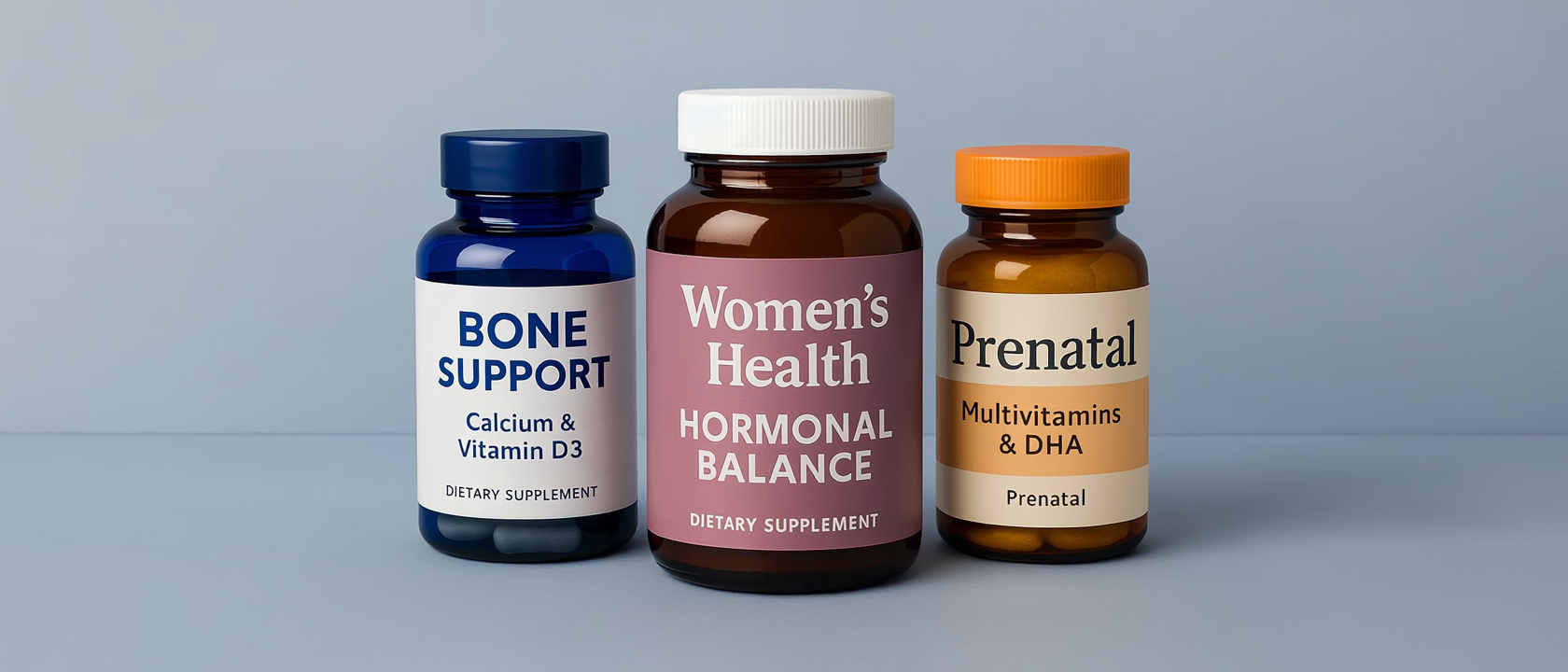 three women's health supplements with hormonal, bone, and wellness support benefits