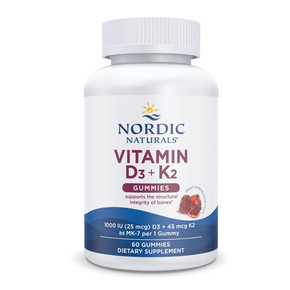 Nordic Naturals Vitamin D3+K2 pomegranate gummies front label, 60 gummies with 1000 IU D3 and 45 mcg K2