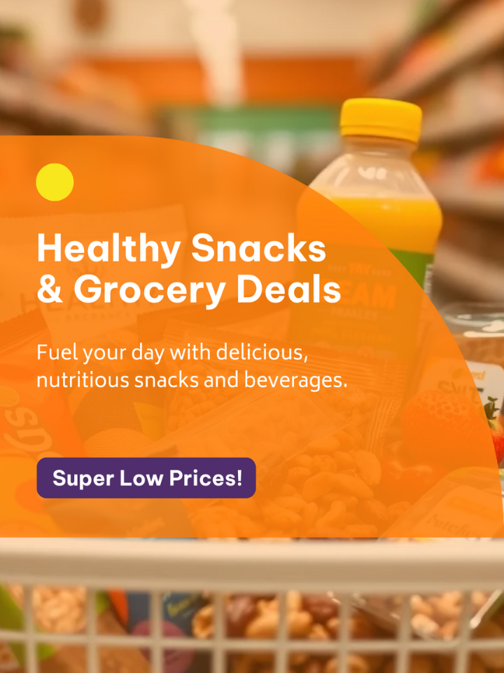 Promotional banner for healthy snacks and grocery deals with a blurred grocery store background.