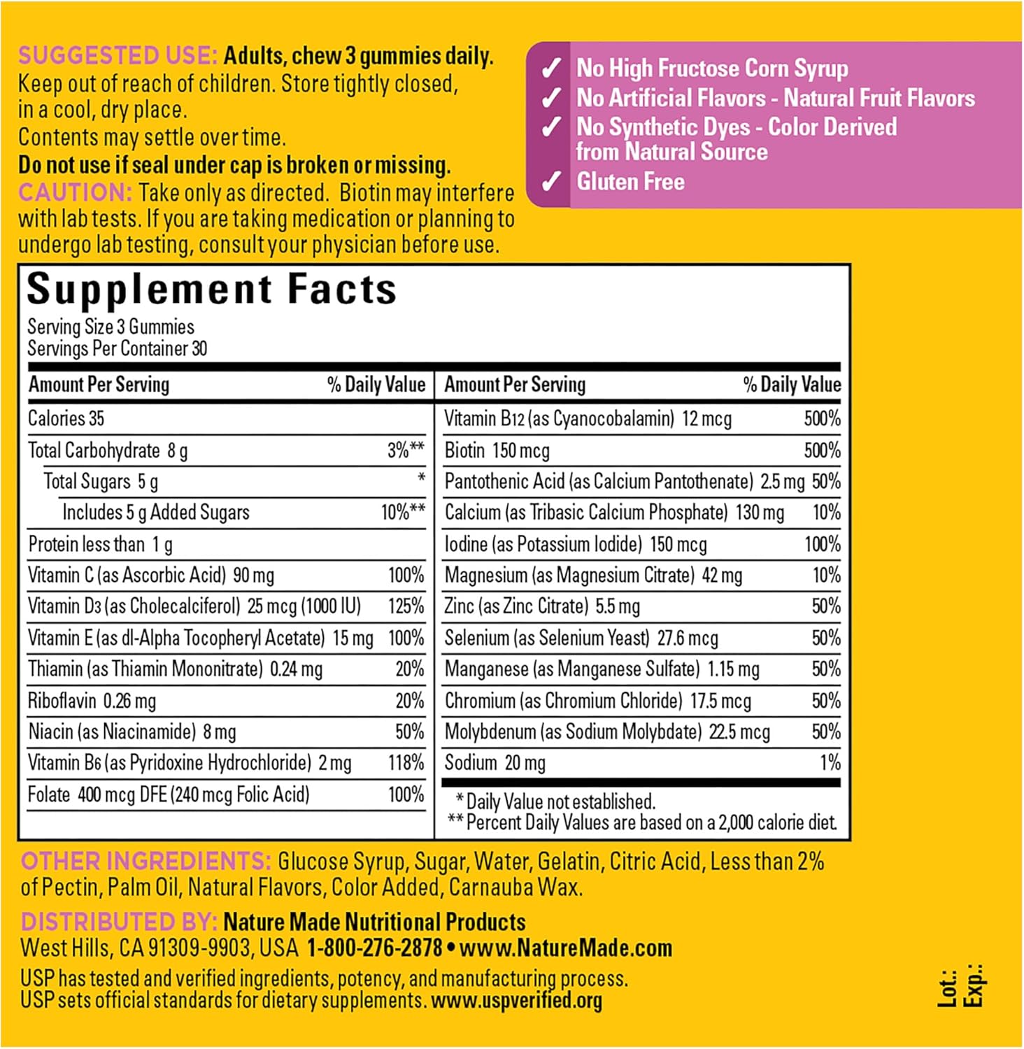 Supplement label with nutritional information and product details on a yellow background. Nature Made tropical fruit multivitamin gummies for women