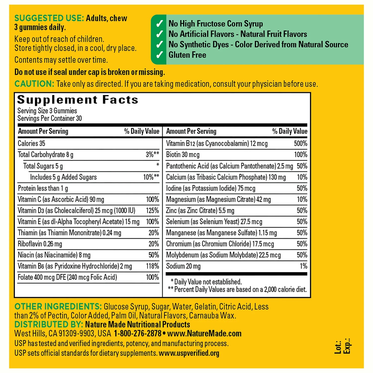 Supplement label with nutritional information and ingredients on a yellow background. Advanced multivitamin gummies supplement for immune and energy health