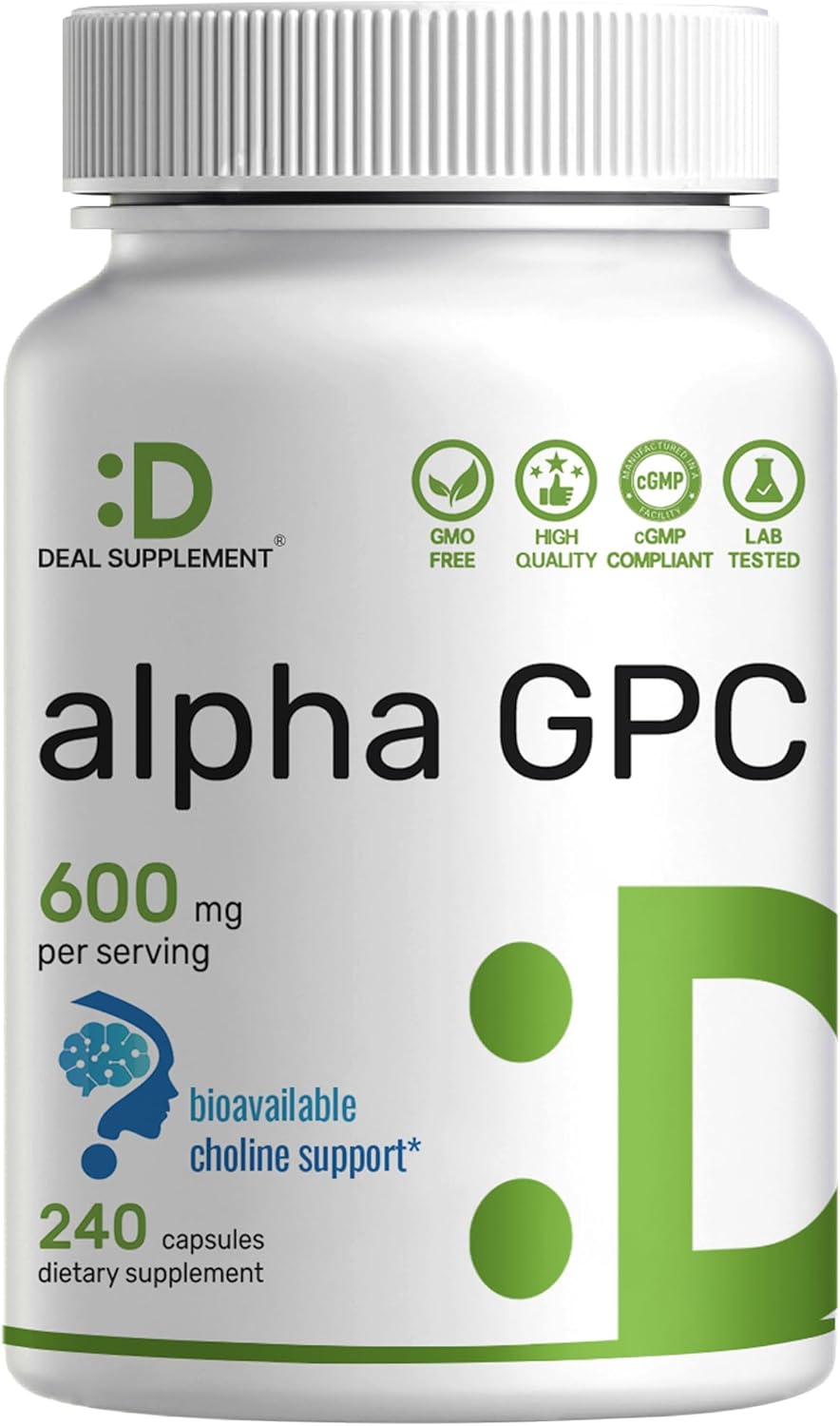 alpha GPC 600mg capsules 240 count choline supplement bottle