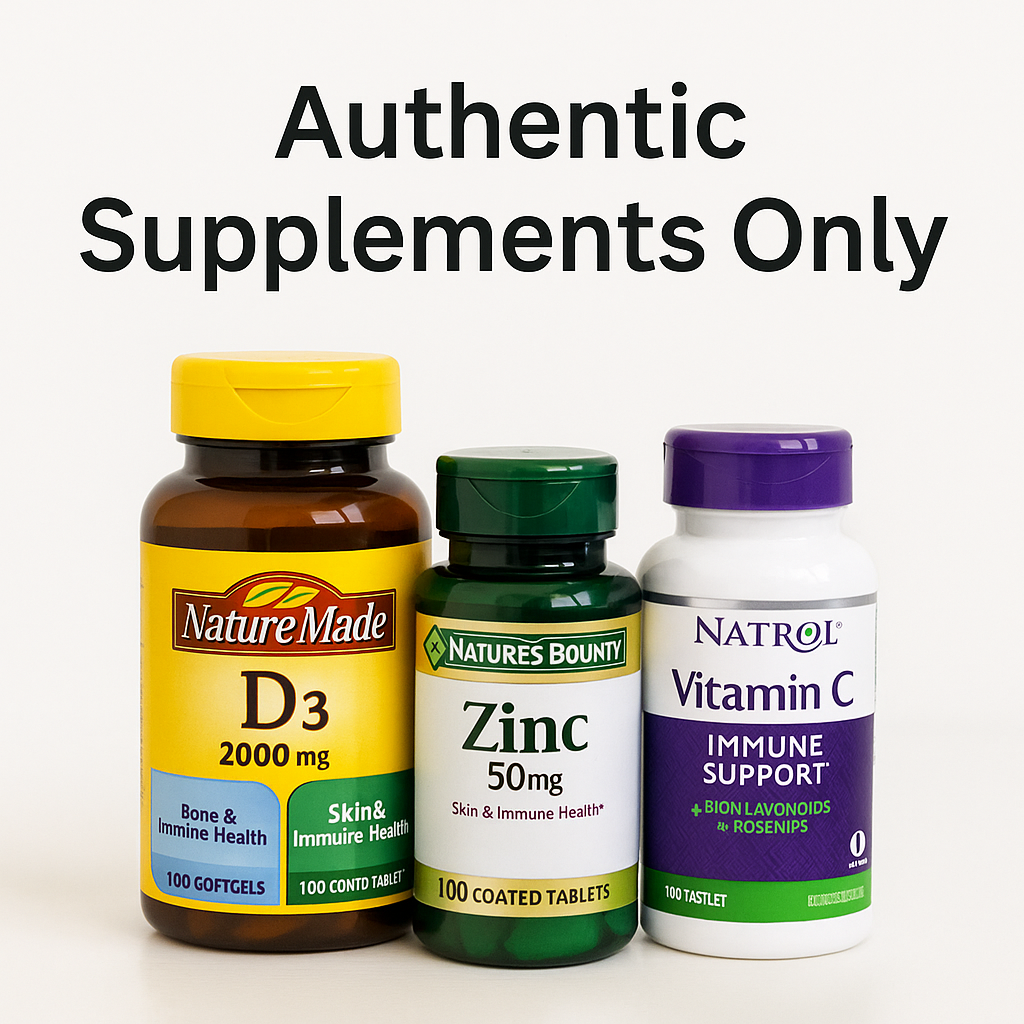 Nature Made, Nature's Bounty, and Natrol supplement bottles on white background – Authentic Supplements Only