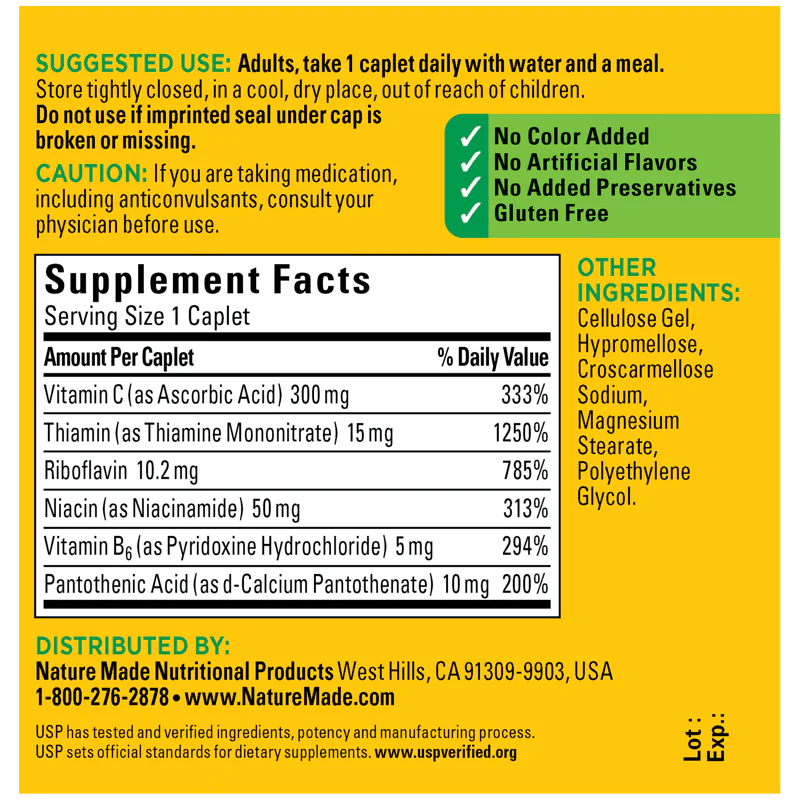 Supplement label with ingredients and usage instructions on a yellow background. Nature Made B-Complex with Vitamin C Caplets energy supplement bottle