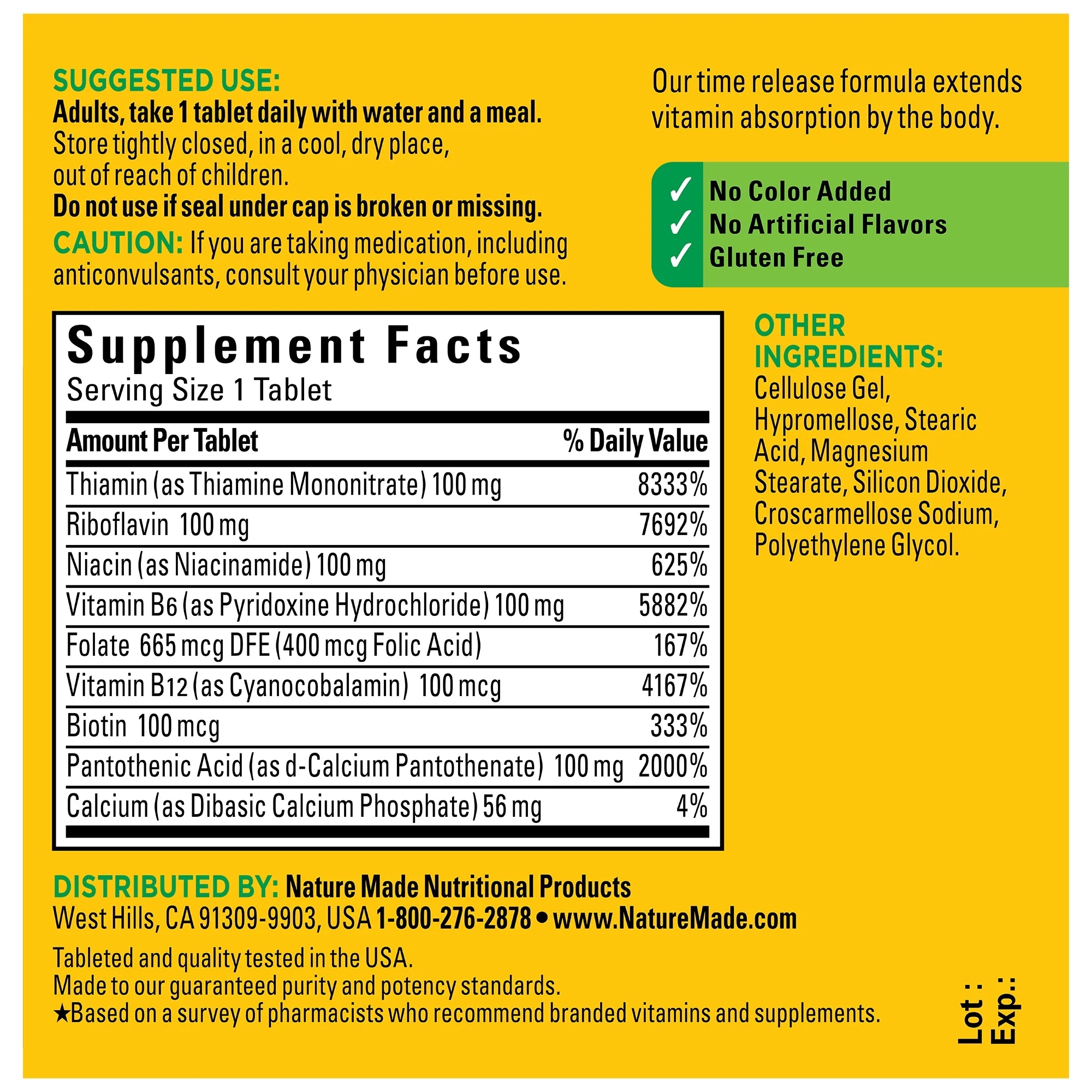 Supplement label with detailed nutritional information on a yellow background. time release b-100 complex vitamin b supplement