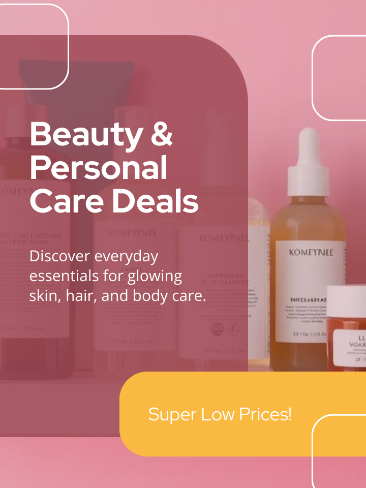 Advertisement for beauty and personal care deals with products on a pink background