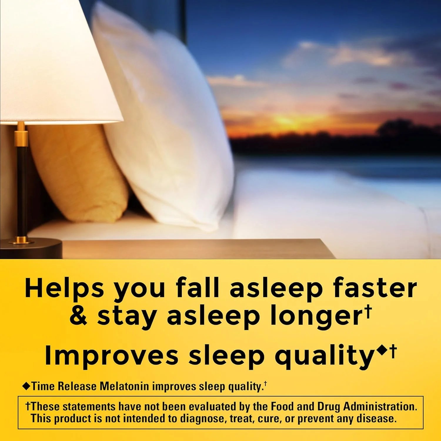 Advertisement for a sleep aid product with a bedroom setting and sunset view. Maximum strength melatonin gummies Nature Made berry flavor sleep aid