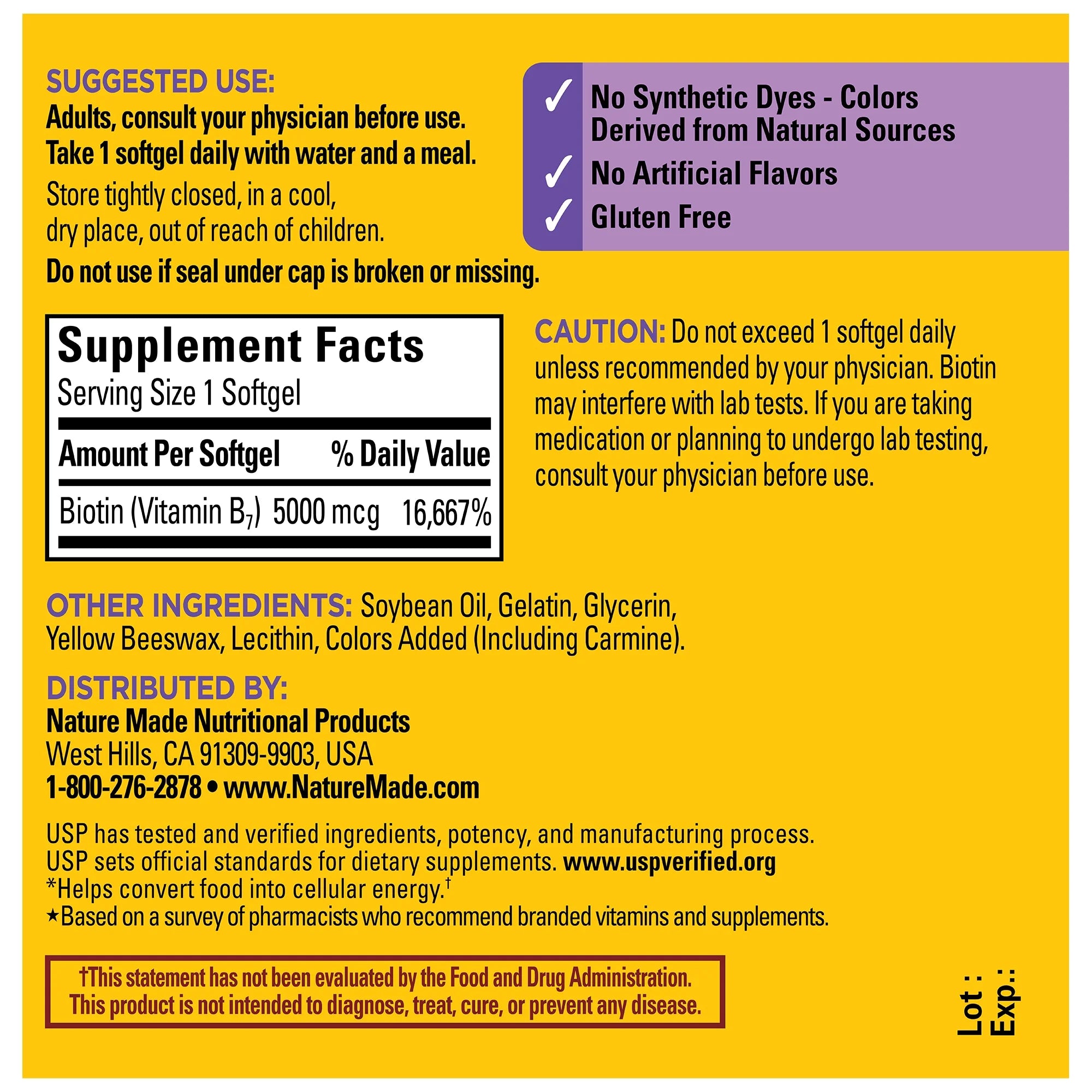 Supplement label with yellow background and black text. Nature Made Biotin softgels for beauty and energy metabolism