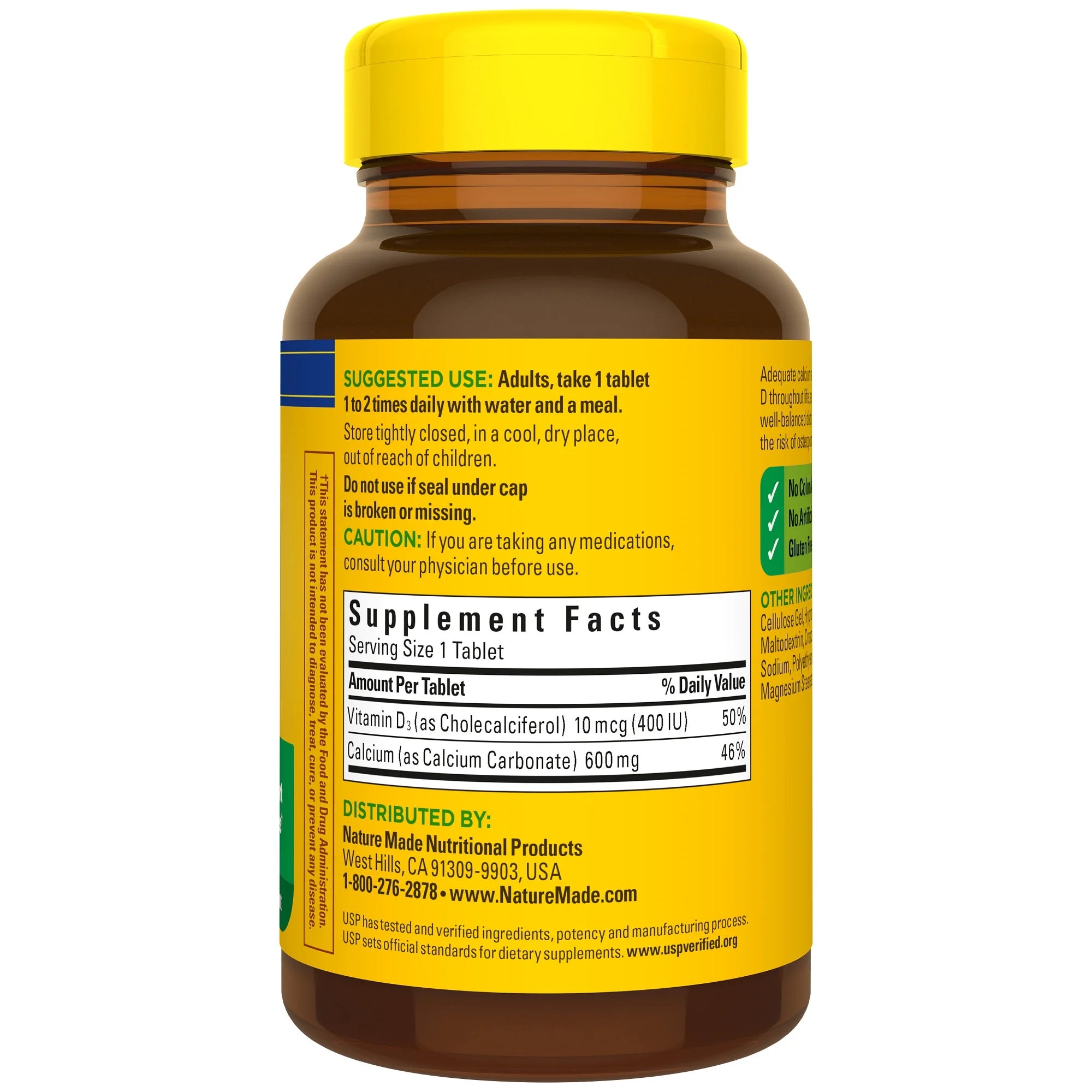 Supplement bottle with yellow cap and label on a white background. Bone health supplement calcium and vitamin d3 tablets by Nature Made