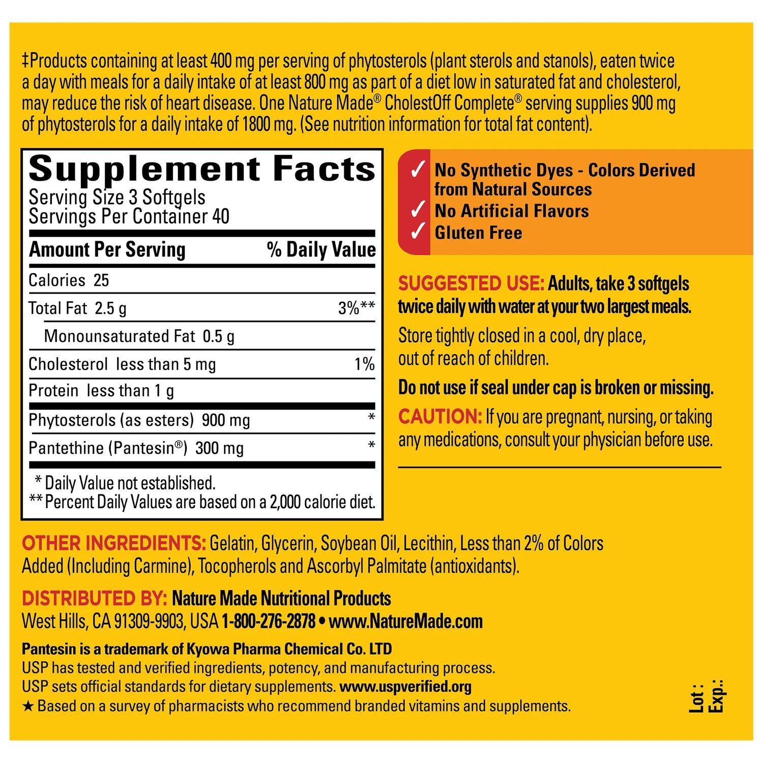 Supplement label with detailed nutritional information and product details on a yellow background. Nature Made CholestOff Complete tablets heart health supplement bottle