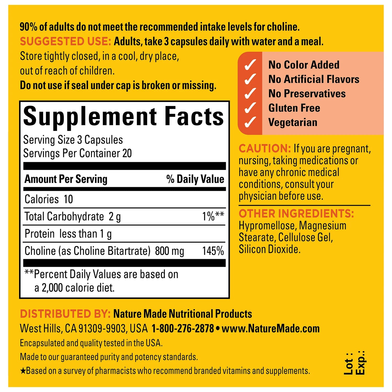 Supplement label with nutritional information and product details on a yellow background. Choline supplement for brain and liver health by Nature Made