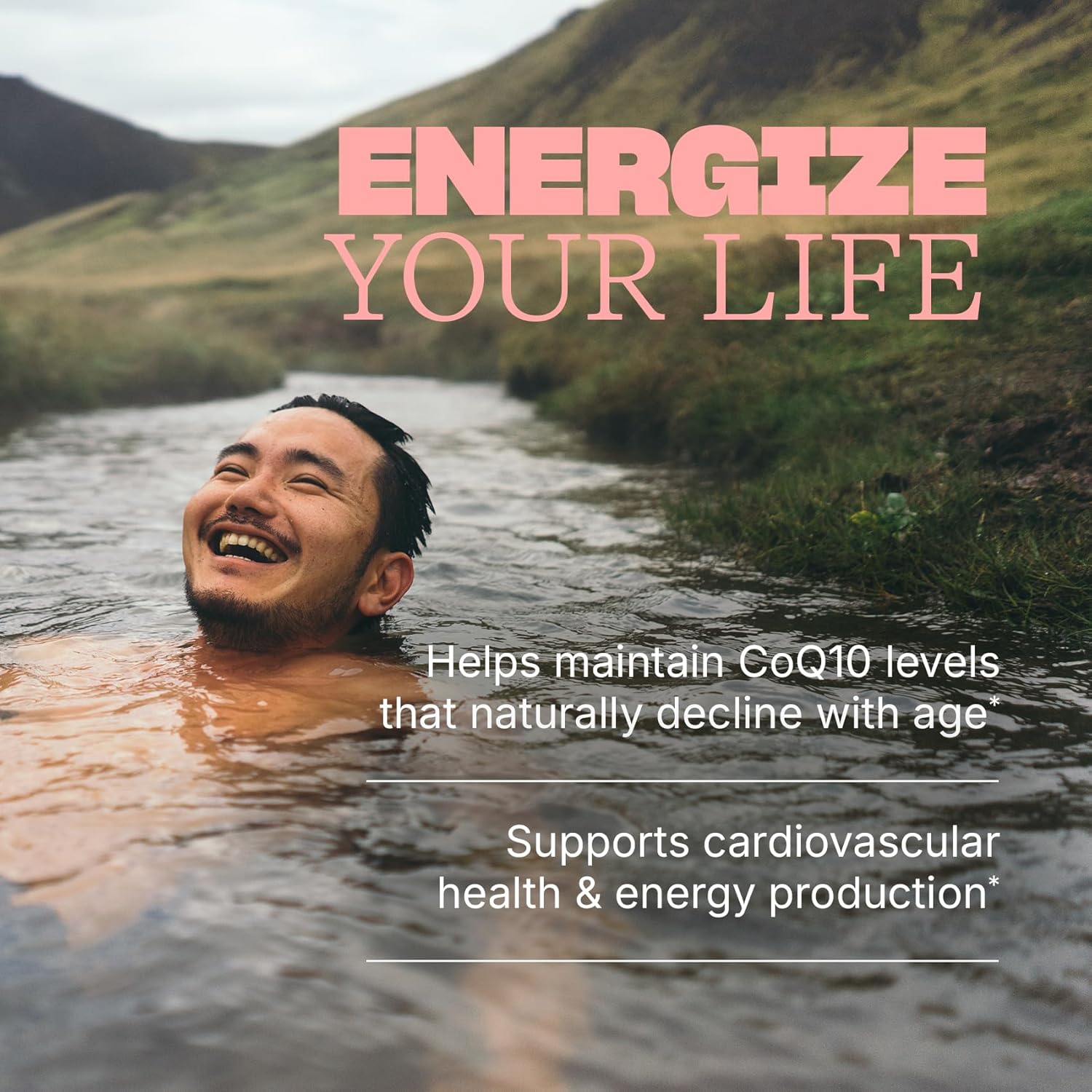 CoQ10 softgels close up supplement bottle