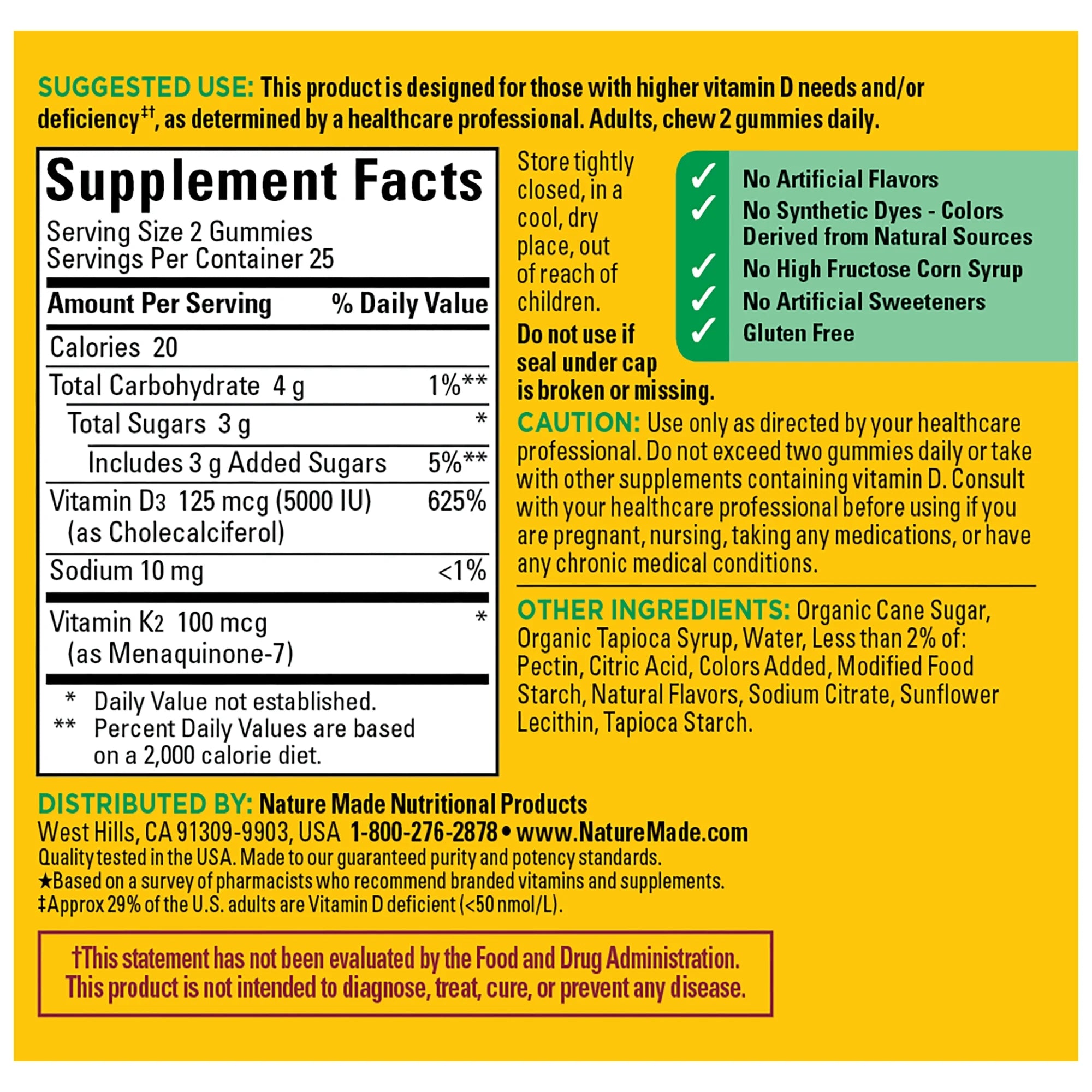 Supplement label with detailed nutritional information on a yellow background. vitamin d3 plus k2 gummy supplement for bone health.