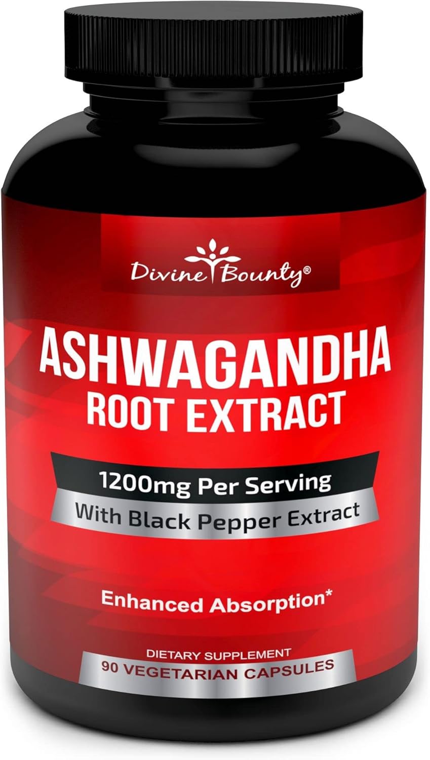 Divine Bounty ashwagandha 1200mg black pepper capsules bottle