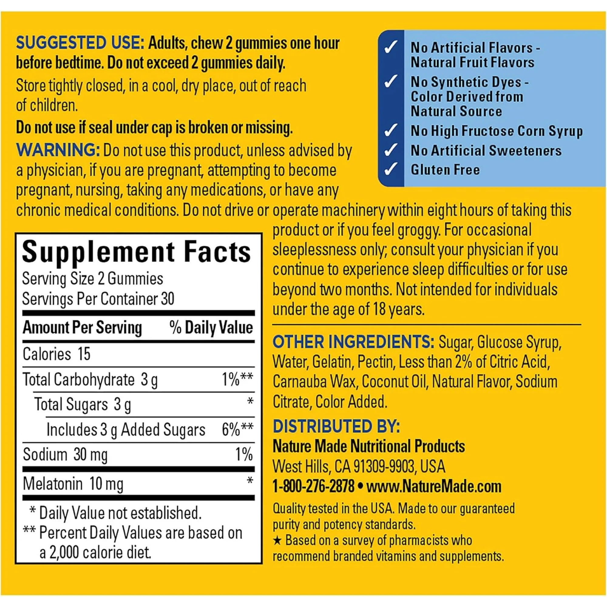 Supplement label with ingredients, serving size, and distribution information on a yellow and blue background. Dual-action time release melatonin gummies for sleep by Nature Made