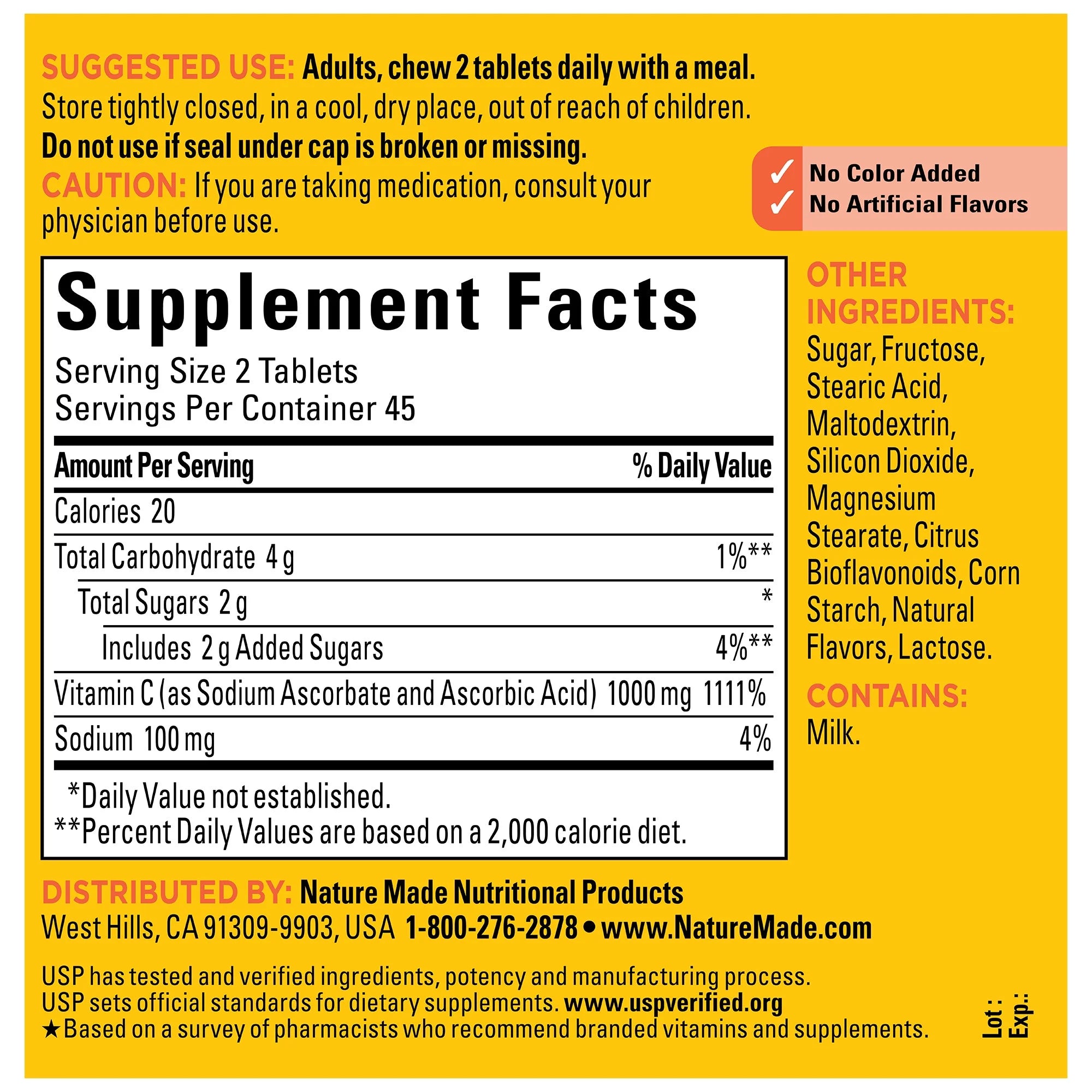 Supplement label with detailed nutritional information on a yellow background. Extra Strength Vitamin C chewable tablets immune support supplement