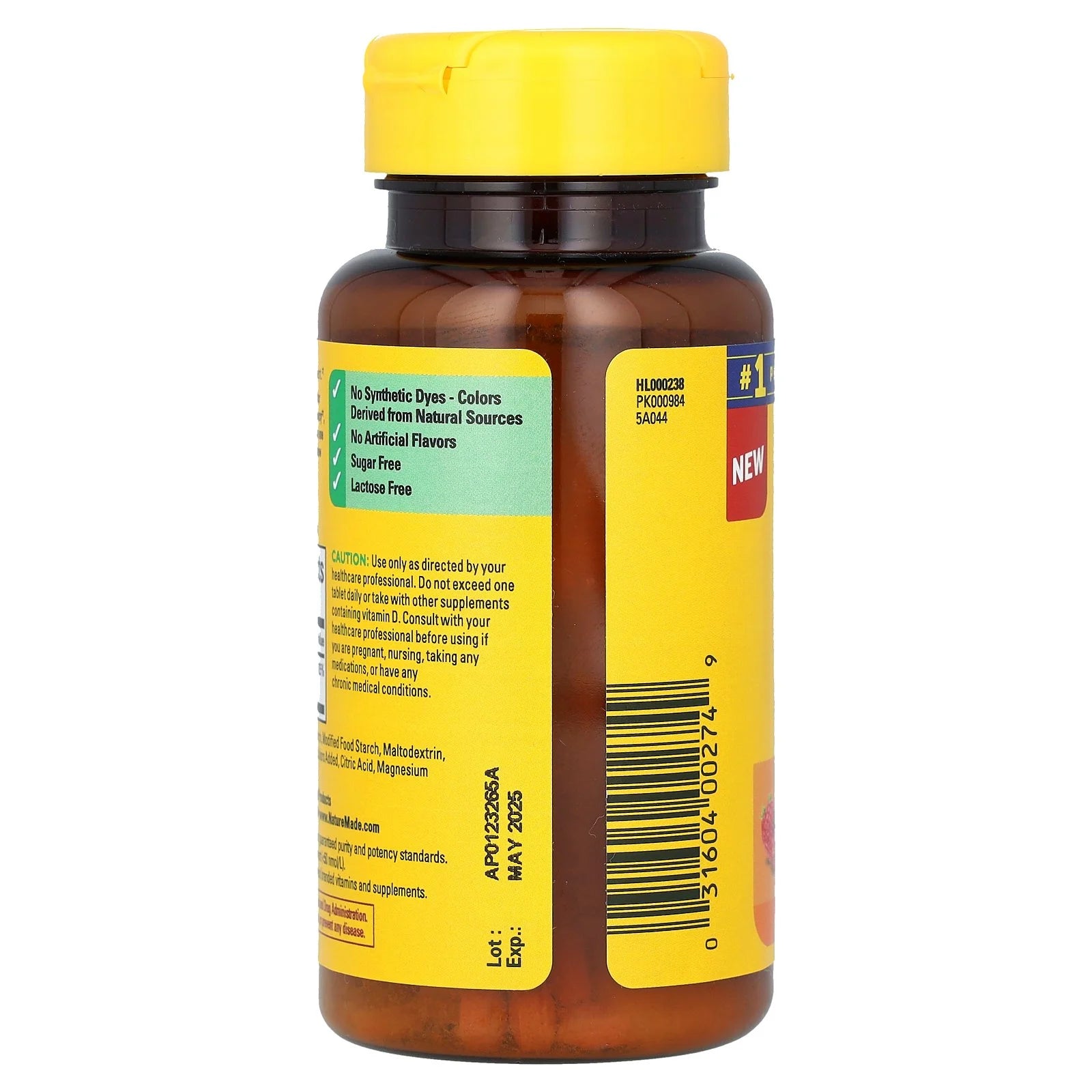 Vitamin supplement bottle with yellow cap and label on a white background. Extra Strength Vitamin D3 supplement softgel pack