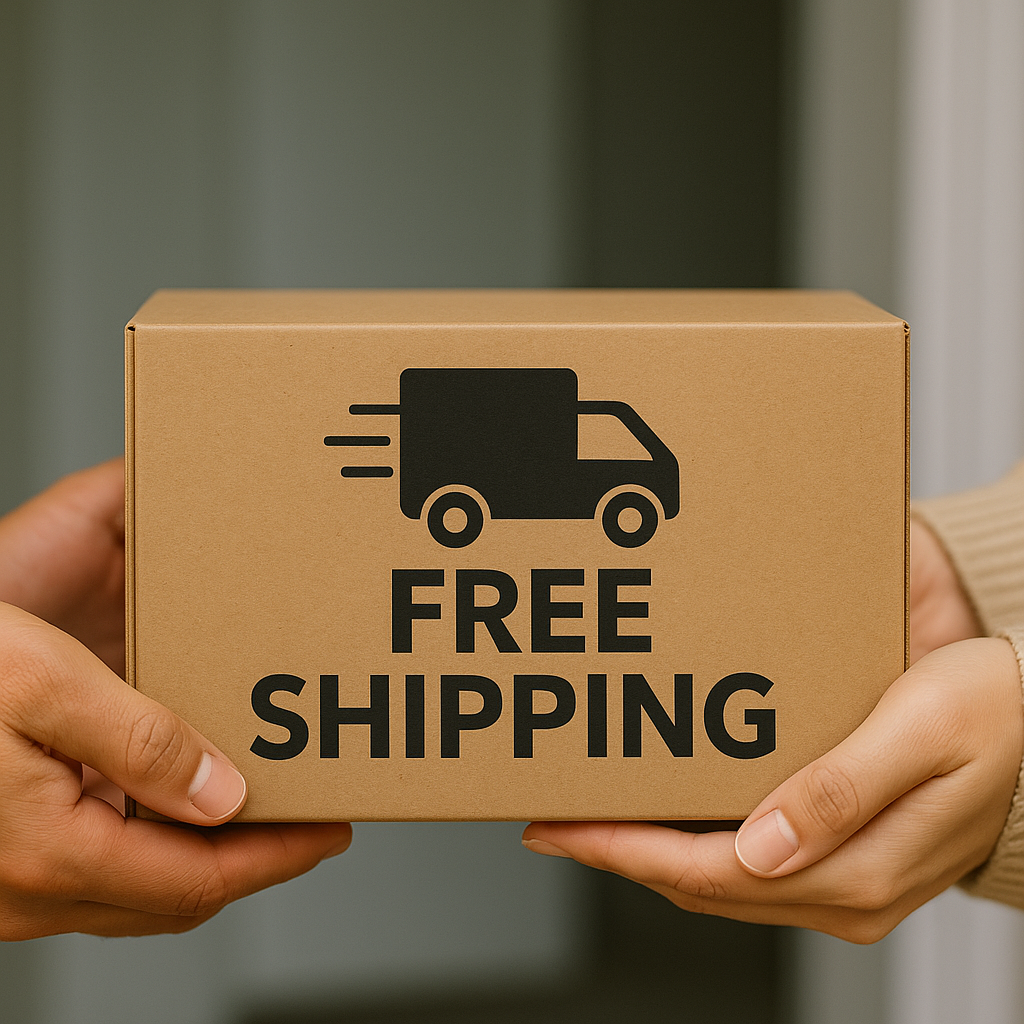 Hands exchanging a shipping box labeled Free Shipping with no courier logo