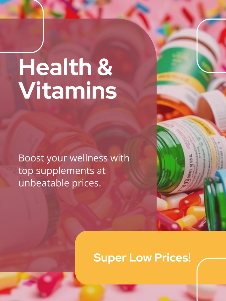 Advertisement for health and vitamins with colorful bottles and text on a blurred background