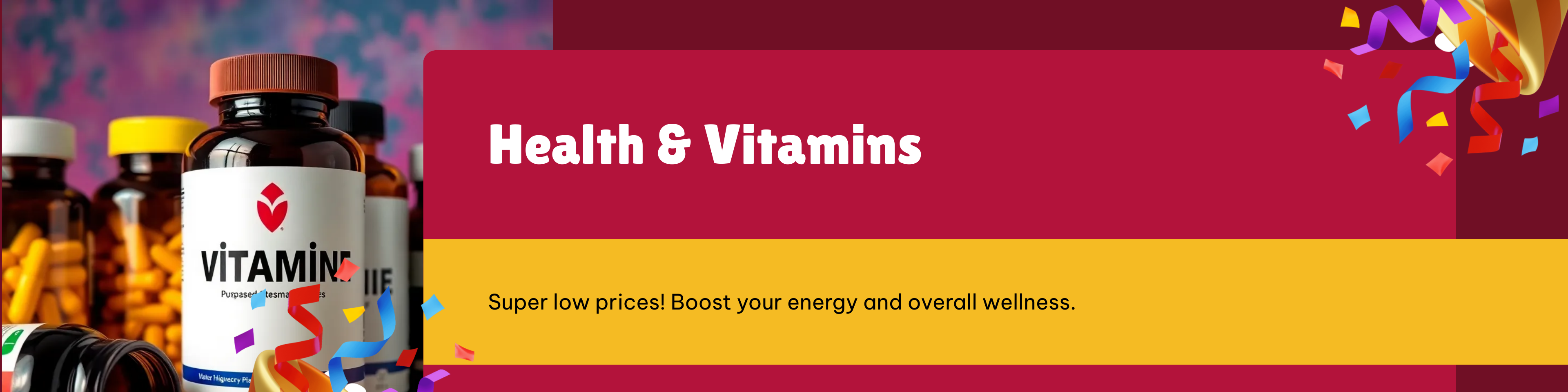 Smiling couple shopping for Centrum and Omega-3 vitamins in a bright store aisle with Health & Vitamins and Wholesale Prices on Top Supplements headline.