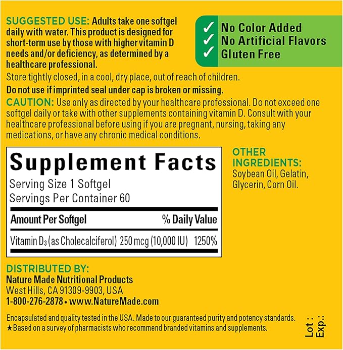 Vitamin D3 supplement with 250 mcg dosage for bone support