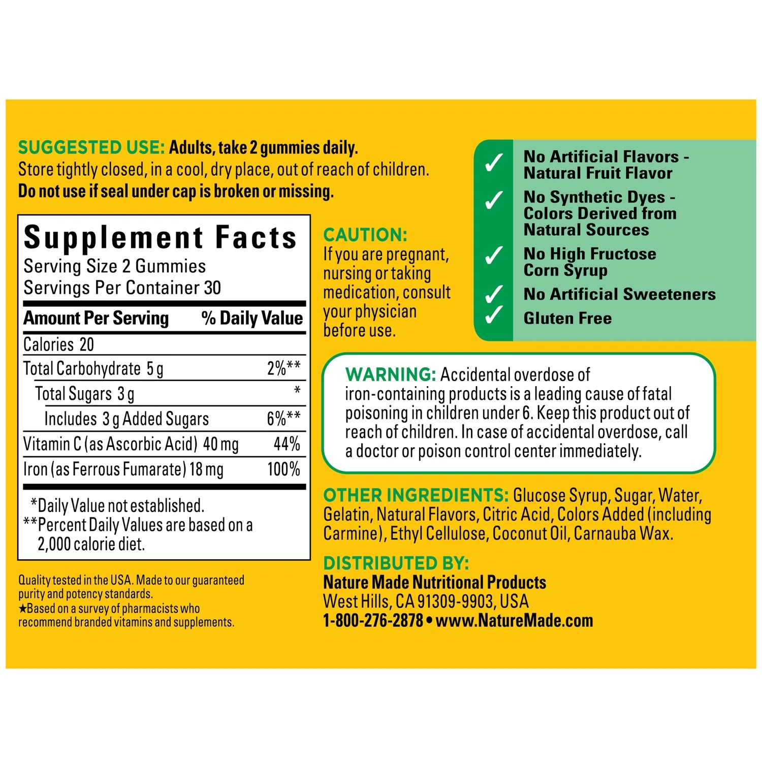 Supplement label with detailed information on ingredients, usage, and warnings. Iron and vitamin C supplement gummies for energy and red blood cells