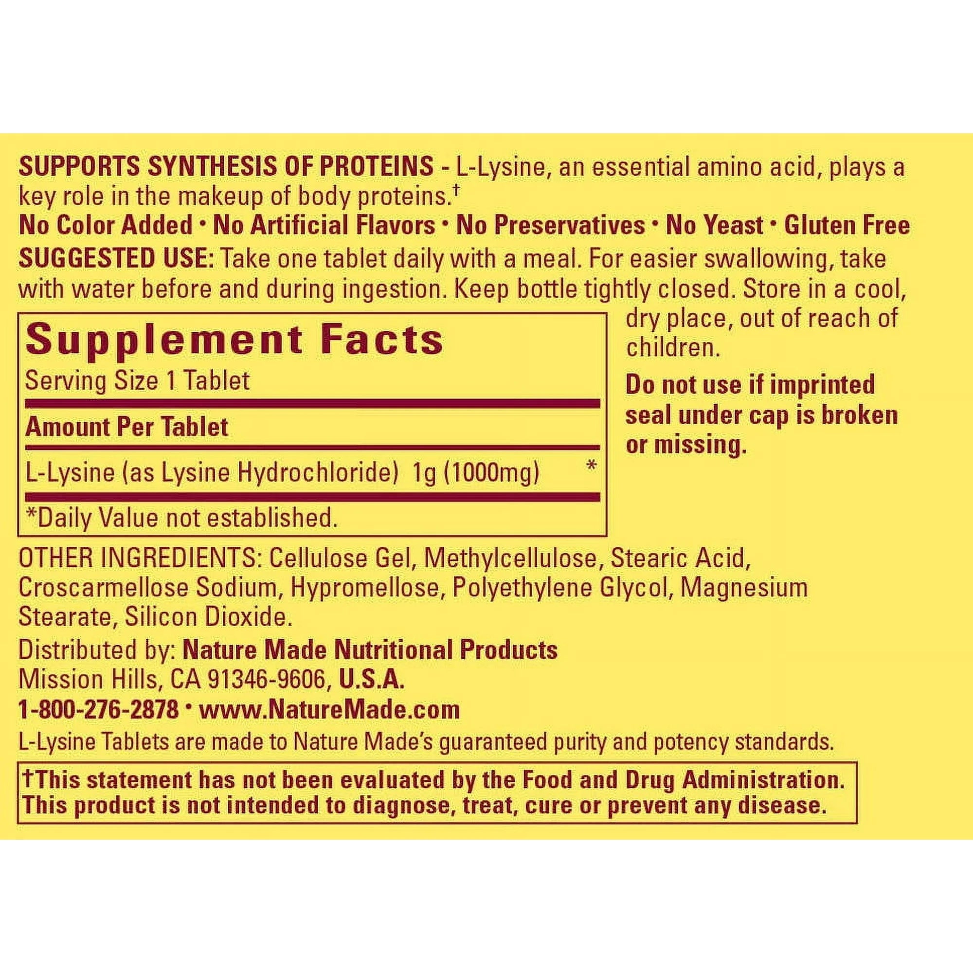 Nature Made 60-count L-Lysine dietary supplement 1000mg