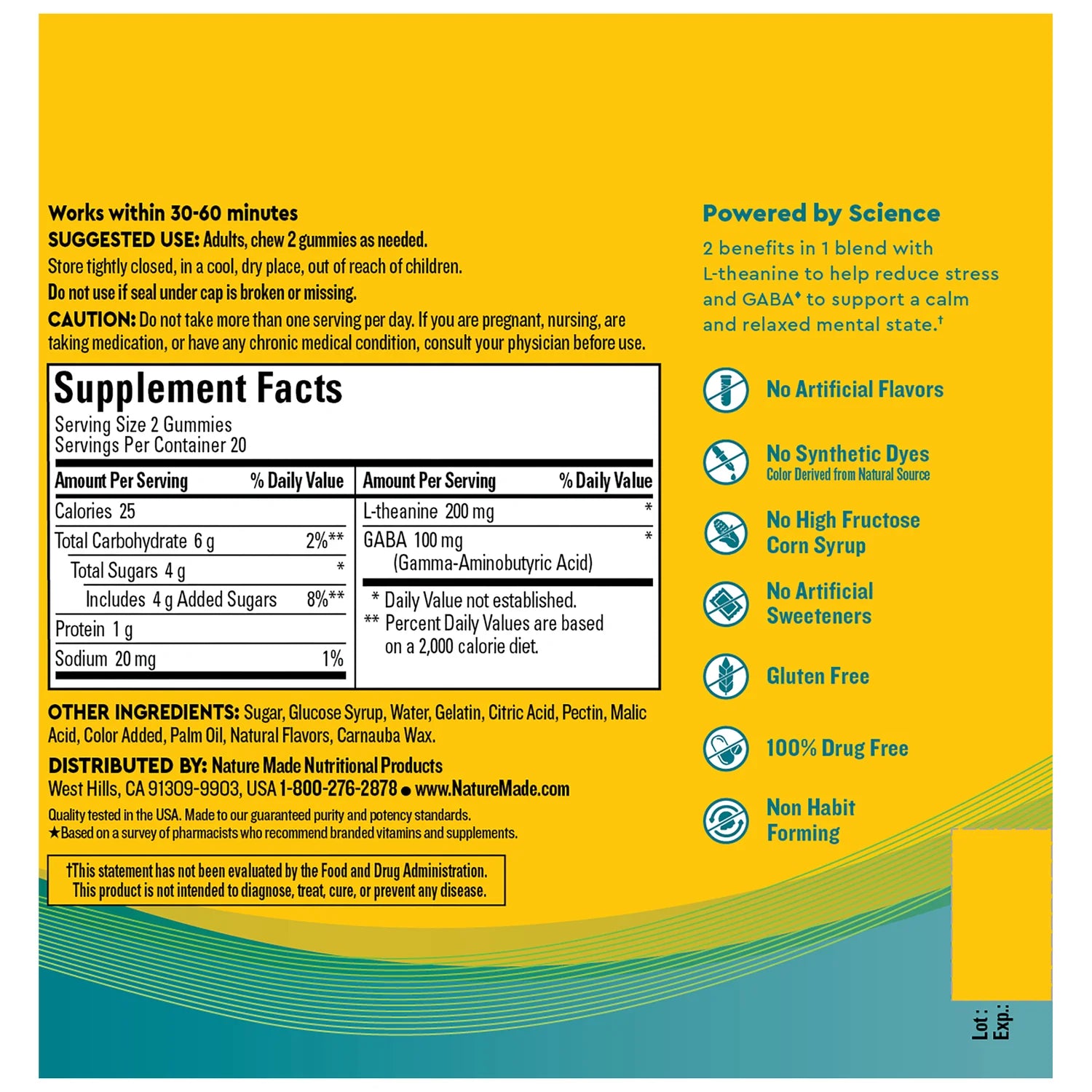 Supplement facts label with a yellow background. Strawberry flavored stress support gummies with L‑theanine and GABA