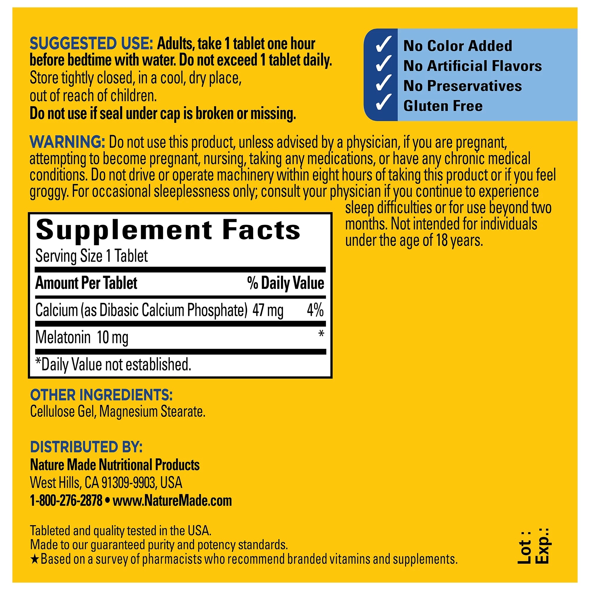 Supplement label with text and product details on a yellow background. Maximum strength melatonin sleep aid tablets by Nature Made