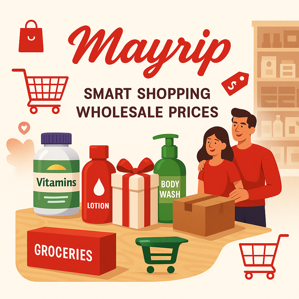Mayrip About Us banner with vitamins, lotion, groceries, gift box, wholesale shopping and happy customers.