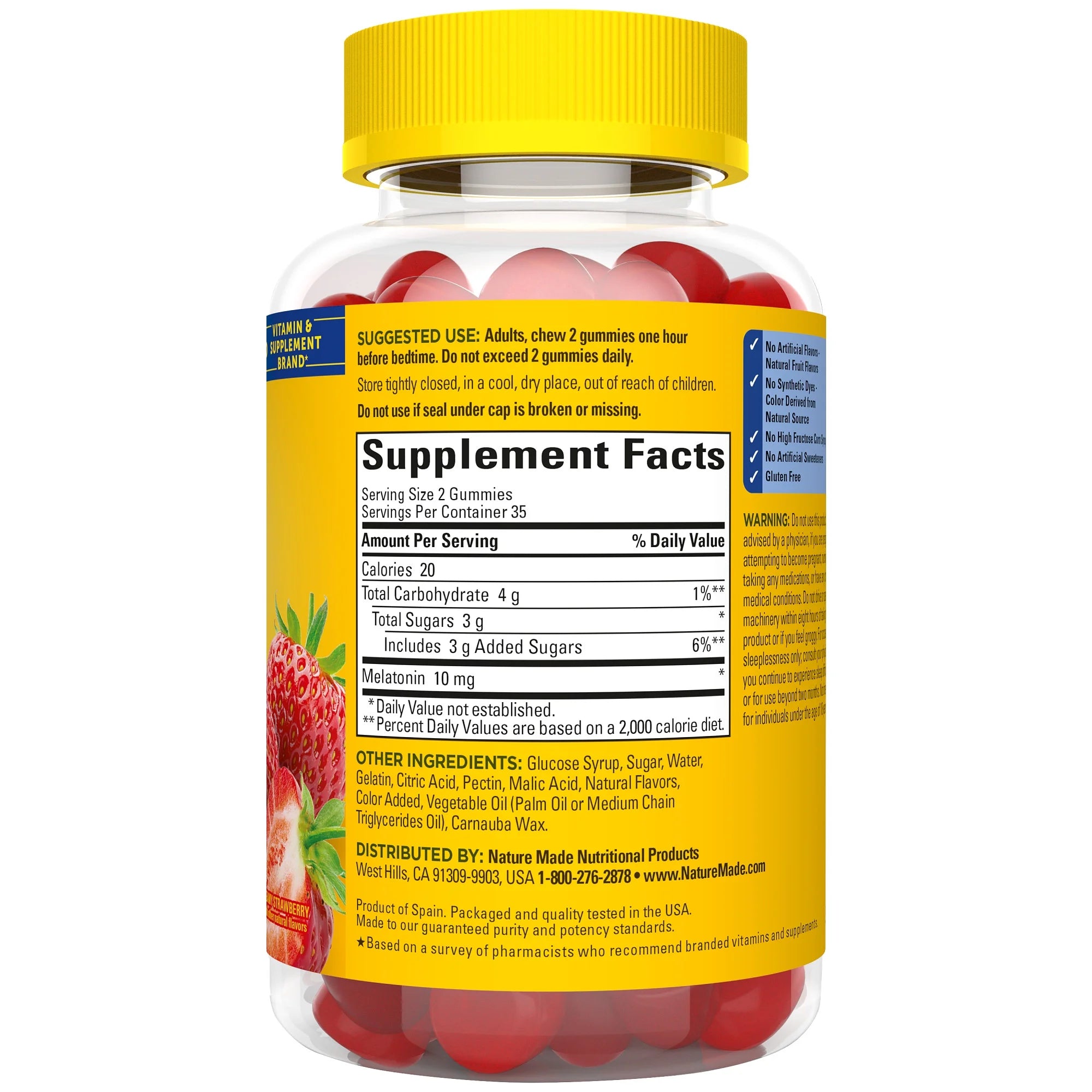 Supplement bottle with red gummies and yellow label on a white background. Drug-free melatonin sleep gummies by Nature Made dietary supplement