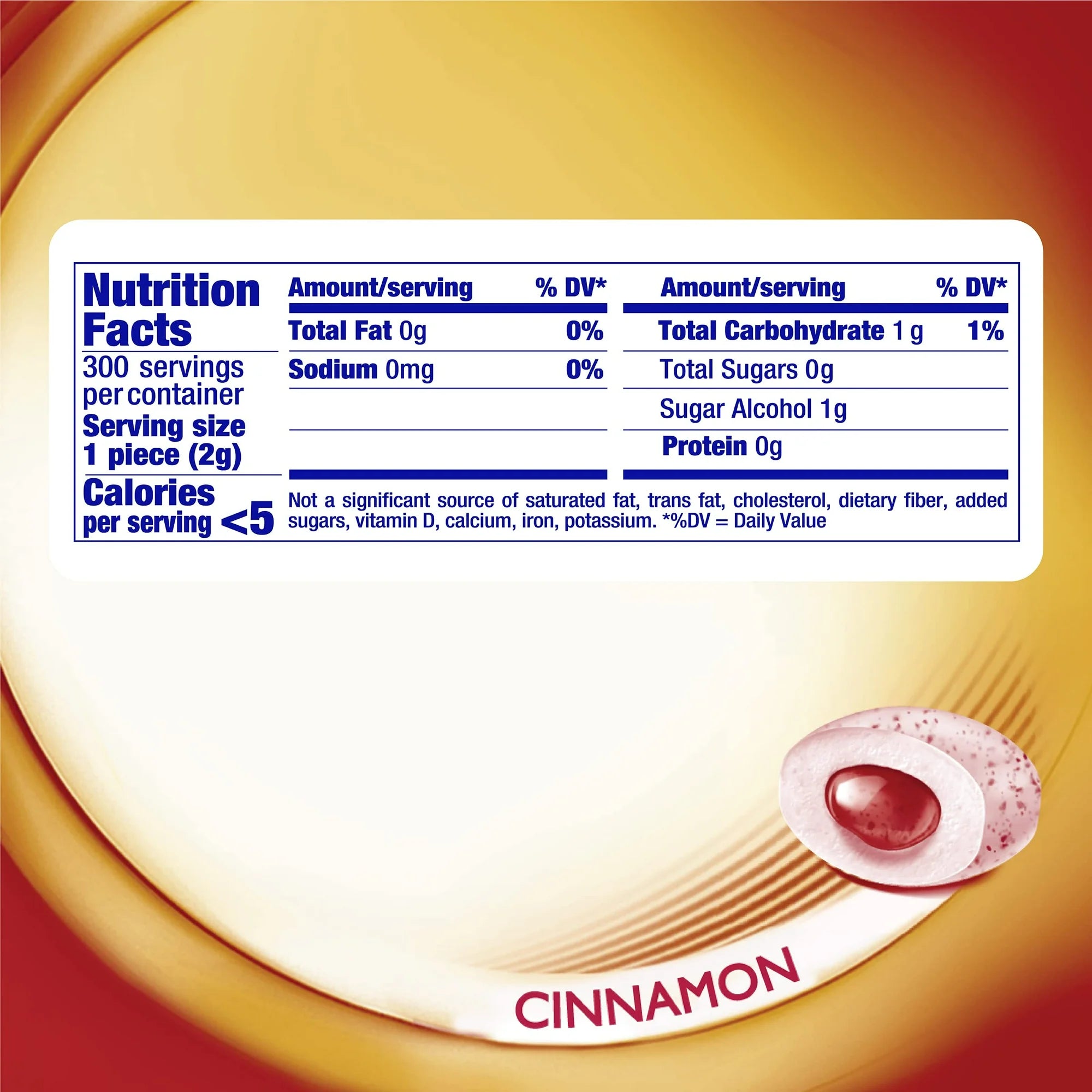 Nutrition facts label for a product with cinnamon flavor on a yellow and red background. Sugar-Free Mentos Cinnamon Gum Curvy Bottle