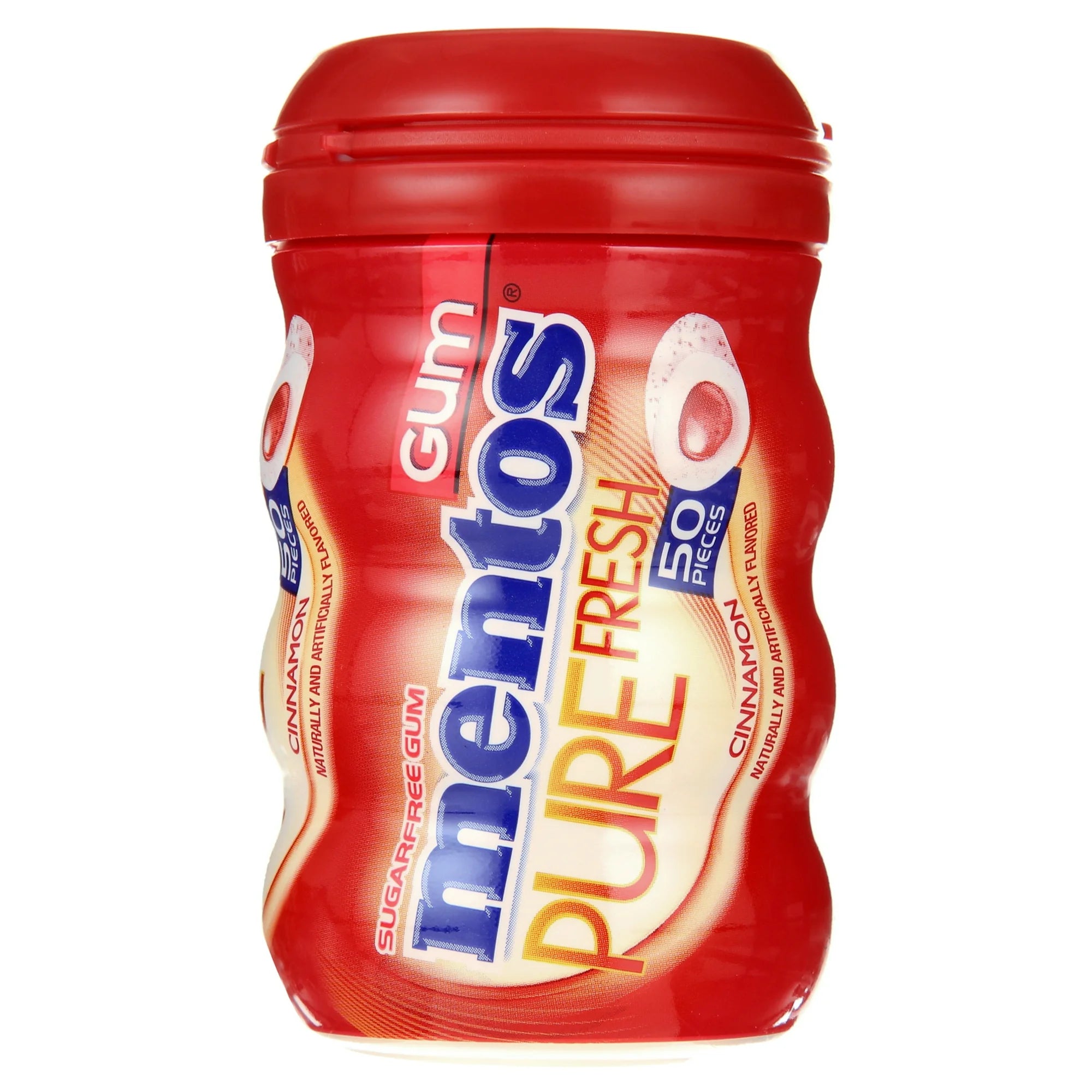 Red container of Mentos Pure Fresh gum on a white background. Mentos Pure Fresh Cinnamon Gum 6-Pack Packaging